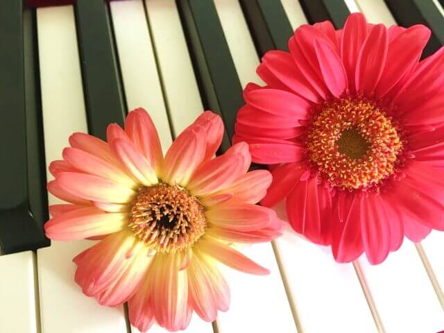 ピアノの鍵盤と花